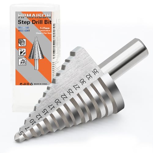 HPMAISON HSS 4341 Stufenbohrer, 10mm 3-Flach-Schaft Hochgeschwindigkeitsstahl Stufenbohrer (Ø 5-35mm, 13 Stufen) für Metall, Holz, Kunststoffe, Profi HSS 4341 Konusbohrer Blechbohrer von HPMAISON