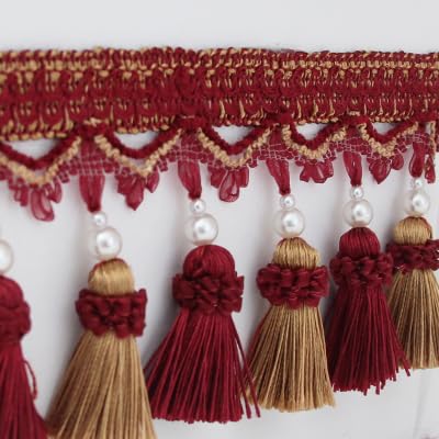 HPOTQBFK Vorhangspitze, Fransenborte Quaste, 1 Meter Perlenfransenquaste, Zierband für Vorhänge, Heimvorhang, Dekoration, Nähen, Tischdecke, Quastenkante (Farbe: Rot) (Farbe: Grün) (Rot) von HPOTQBFK