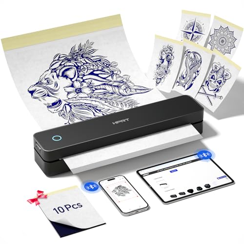 HPRT Tragbarer Bluetooth-Thermo-Tattoo-Aufkleber – Kabelloser Tattoo-Schablonendrucker mit 10 Blatt Druckpapier, DIY-Temporär-Tattoos für Tätowierer und Anfänger, wiederaufladbar über USB von HPRT