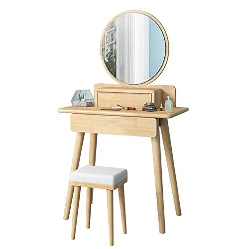 HPTHLY Moderner Schreibtisch Mit Rundem Spiegel, Schminktisch Aus Holz, Kommode Mit 2 Schubladen Und Gepolstertem Hocker,One Color-60cm HPTHLY Moderner Schreibtisch Mit Rundem Spiegel, Schminktisch Aus Holz, Kommode Mit 2 Schubladen Und Gepolstertem Hocker,One Color-60cm von HPTHLY