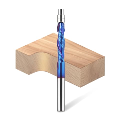 HQMaster Spiral Flush Trim Router Bit with Bottom Bearing 1/4 Inch Shank Solid Carbide and Nano Blue Coated for CNC Routers Pattern Woodwork (Compression) von HQMaster