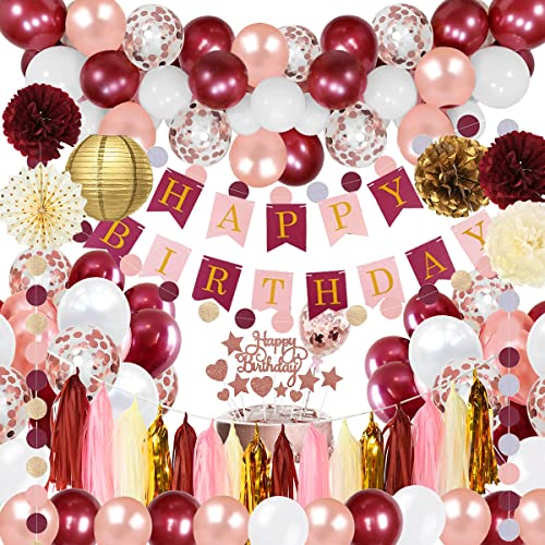 CHMMY Mädchen Geburtstag Dekorationen Geburtstagsdeko Rosegold Rosegold Weinrot Luftballons Konfetti Burgunder Weiß Pink Banner Happy Birthday Herz Folienballon Papierquasten für Mädchen Partydeko von CHMMY