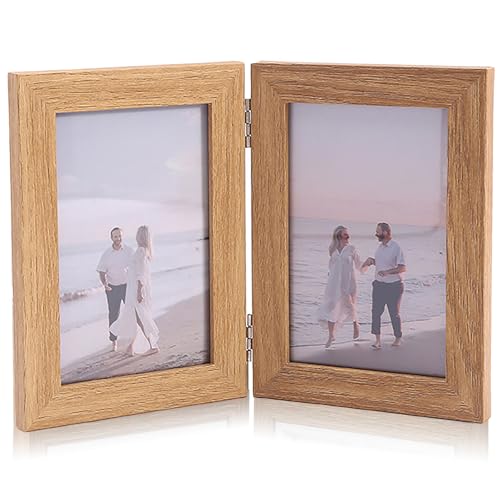 HREDZEO Bilderrahmen Doppelt Klappbare 4x6,Klappbarer Bilderrahmen Aus Holz Doppelter Bilderrahmen Faltbar Fotorahmen 10x15cm für Tischaufsteller oder Geschenke (Original Holz) von HREDZEO