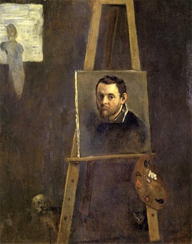 HRJUBWREE Berühmte Gemälde Druck Leinwand Malerei Bilder Wandgemälde Selbstporträt auf einer Staffelei in einer Werkstatt von Annibale Carracci Poster Kunstwerke für Wohnzimmer Dekoration 60x90cm von HRJUBWREE