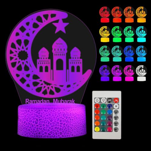HRKVSK 3D Ramadan Dekoration LED Lamp, 16 Farben Eid Dekorationen Mond Stern Nachtlichter, Ramadan Mondlampe mit Fernbedienung, LED Ramadan Dekoration Licht für Outdoor Indoor Party Deko von HRKVSK