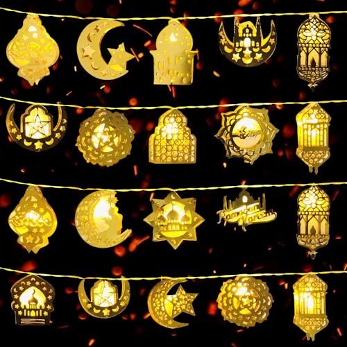 HRKVSK Ramadan Dekoration Lichter, 1.65M 20pcs LED Ramadan Lichterkette, Warmweiß LED Muslim Ramadan Licht, Ramadan Lichterkette für Eid Dekorationen,Eid Mubarak Licht,Stern Mond Lichterketten von HRKVSK