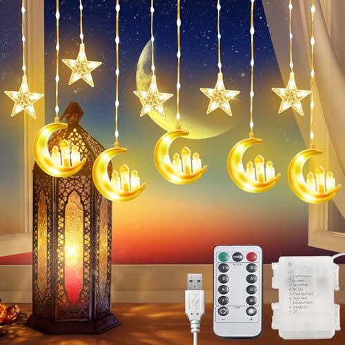 HRKVSK Ramadan Lichterkette, 3M Ramadan Deko Lichter USB, Eid Ramadan Laternen, Warmweiß LED Muslim Ramadan Licht mit 8 Blinkenden Modi & Fernbedienung, Ramadan Licht Stern Mond Lichterketten von HRKVSK