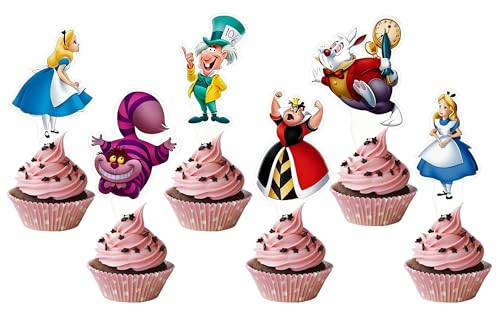 HSC Alice im Wunderland Cupcake-Topper, 6 Designs (je 2 Stück), 5 Figuren, 12 Papieraufsätze, 8,4 cm für Cupcake-Dekorationen, Dessertpartys und Nachmittagstee von HSC