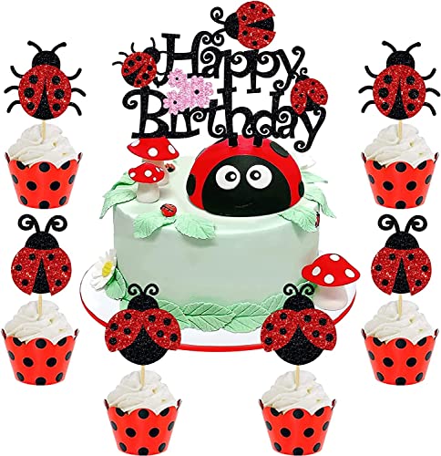 25 Stück Cake Topper Marienkäfer Cupcake Topper Marienkäfer Tortendeko Mädchen Marienkäfer Geburtstag Dekoration für Kinder Jungen und Mädchen Party Geburtstagsparty Dekoration Zubehör von HSDSH