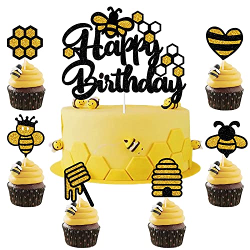 13 Stück Biene Tortendeko Biene Kuchen Topper Golden Glitzer Geburtstag Kuchen Dekoration Bee Cupcake Topper für Kinder Baby Junge Mädchen Bee Thema Geburtstag Party Deko von HSDSH