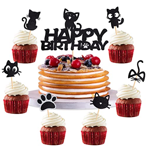 25 Stück Katze Cupcake Topper Schwarz Kätzchen Cake Topper Tortendeko Kindergeburtstag für Katzenliebhaber Kätzchen Thema Babyparty Kinder Geburtstag Hochzeit Party Kuchen Dekorationen Zubehör von HSDSH