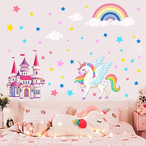 Wandtattoo Einhorn Wandsticker Kinderzimmer Mädchen Wandaufkleber Schloss Regenbogen Stern Kinder Aufkleber abnehmbar für Mädchen Kinderzimmer Babyzimmer Schlafzimmer Wanddeko von HSDSH