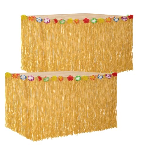 HSHHOOM Hawaii Tischröcke, Luau Gras Tischrock Natürliche, Hawaii Party Dekoration mit Mehrfarbe Blumen, für Partys, Feiertage und Zusammenkünfte im Freien, Gold (ZQ-2) von HSHHOOM