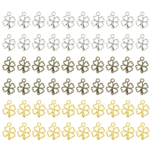 HSIXHAF 150 pcs Kleeblatt Anhänger, Kleeblatt Glücksbringer Kettenanhänger, Kleine Metall Charms zum Armband, für DIY Abschiedsgeschenk, Keschlüsselanhänger, Schmuckanhänger, Gold und Silber von HSIXHAF