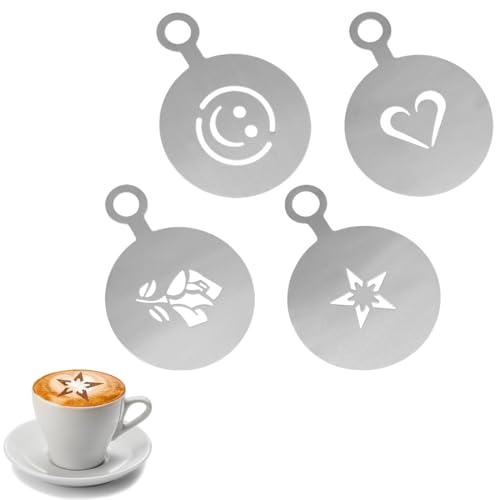 HSIXHAF Kaffeeschablonen aus Edelstahl, 4 Pcs Kaffee-Dekorationsschablone Cappuccino schablonen Kaffee schablonen Kaffee Latte Art Schablonen tortenschablone, Sterne, Herzen, Lächeln, Rosen HSIXHAF Kaffeeschablonen aus Edelstahl, 4 Pcs Kaffee-Dekorationsschablone Cappuccino schablonen Kaffee schablonen Kaffee Latte Art Schablonen tortenschablone, Sterne, Herzen, Lächeln, Rosen von HSIXHAF