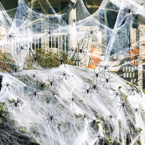 100g Spinnennetz,30St Plastik Spinnen,Gruselig Halloween Dekoration Spinnweben für Outdoor Indoor Garten,Esstisch,Tür,Decke,Fenster,Horror Spukhaus Hof Grusel Deko Spinnennetze,Spinnenweben Deko von HSLPSM