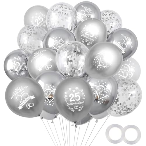 20 Stück Hochzeitstag Luftballons, Silberhochzeit Deko Latexballons, Frauen Männer Jubiläum 25. Deko, Silbernen Paillette Perlglanzballons für Hochzeit Geburtstag Baby Shower Party (2 Bänder) von HSLPSM