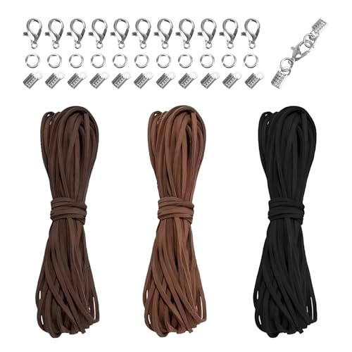 Lederband für Ketten, 3 Farben 10M x 3mm Lederschnur Lederband, Basteln Lederbänder, Klassik Vintage Band Faden für DIY Armband Halskette Schmuck Handwerk (Mit 100 Stück Verschluss) von HSLPSM