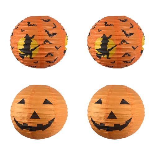 4 Stück Kürbis Halloween Laterne - Pumpkin Lantern Decoration, Runde Papierlaternen, Faltbar, Mit Hexen und Fledermausmuster, Für Home Party Dekoration von HSLPSM