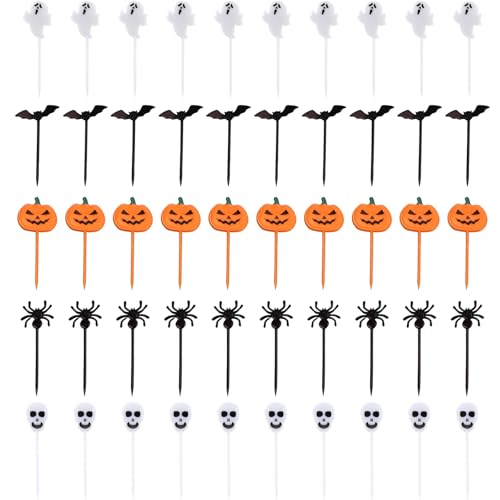 50 Stück Halloween Obstgabel, Cupcake Topper Tortendeko, Kuchendeko, Wiederverwendbar für Kinder, Mit Geist, Fledermaus, Kürbis, Spinne, Totenkopf, für Lebensmittel 50 Stück Halloween Obstgabel, Cupcake Topper Tortendeko, Kuchendeko, Wiederverwendbar für Kinder, Mit Geist, Fledermaus, Kürbis, Spinne, Totenkopf, für Lebensmittel von HSLPSM