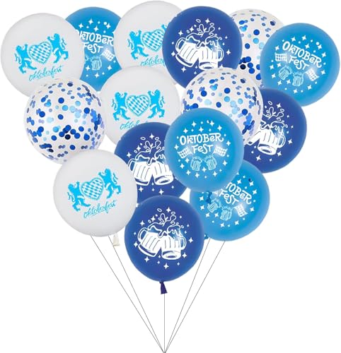 Oktoberfest Deko Set - 24 Stück Luftballons in Weiß, Blau und Mit Konfetti, Bayerische Motive für Party Dekoration von HSLPSM