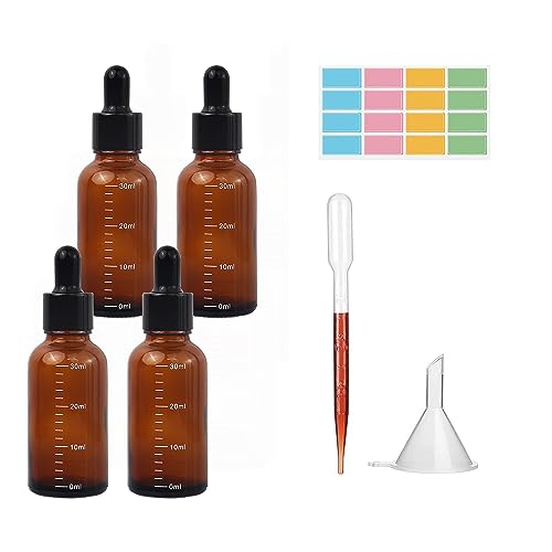 HSLUBI Pipettenflasche 30ml, 4 StüCk Brown Glass Bottles, Transparent Essential Oil, Perfume Bottle With Dropper, Refillable Cosmetic Containers, für Ätherische Öl, Parfümöle, Düfte,Flüssigkeit von HSLUBI