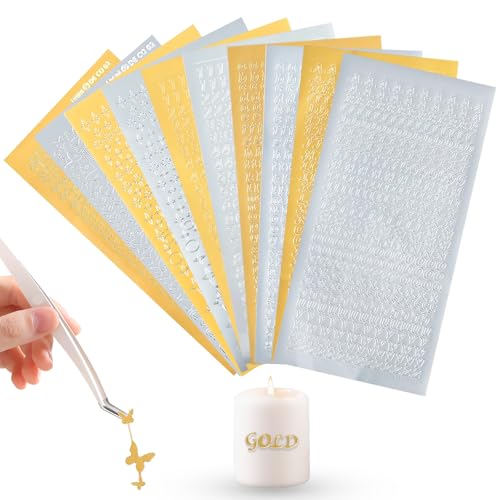 10 Blatt Wachsbuchstaben für Kerzen, Sticker Buchstaben-Set Groß- und Kleinbuchstaben mit Zahlen, Bastelset Kommunionkerze, Kerzen Sticker Zahlen für Kommunion (Gold, Silber) von HSLXBY