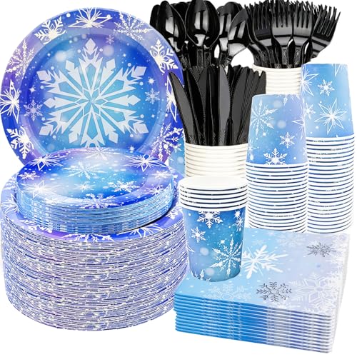 175-teiliges Partyzubehör-Set mit Schneeflocken, 22,9 cm, Schneeflocken-Pappteller, 17,8 cm, Winter-Schneeflocke, gefrorene Teller, Serviette, Tasse, Messer, Gabel, Löffel für Winterwunderland, von HSPAIDYP