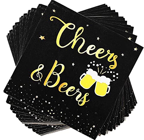 40 Stück Cheers & Beers Servietten Cheers Beer Party Supplies Einweg-Cocktail-Servietten Schwarz und Gold Folie Papierservietten für 30., 40., 50., 60., 70., 80., Hochzeitstag, Dekoration von HSPAIDYP
