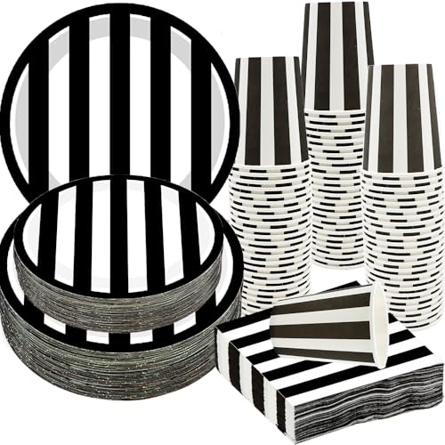 Schwarz-weiß gestreiftes Partyzubehör, schwarz-weiß, Geschirr-Set, 22,9 cm und 17,8 cm, schwarze und weiße Pappteller, Servietten, Becher für Babyparty, schwarz-weiß, Geburtstagsdekoration, Serve25, von HSPAIDYP