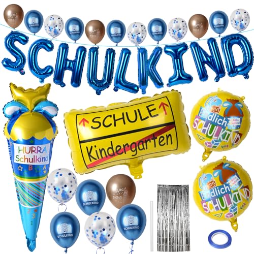 HSSPYY 33-tlg. Einschulung Deko Set Blau – Schulanfang Ballon Deko mit SCHULKIND Folienballons, 12 Latexballons (Champagner & Blau), Eisballon, Regenvorhang & Zubehör für Jungen & Mädchen von HSSPYY