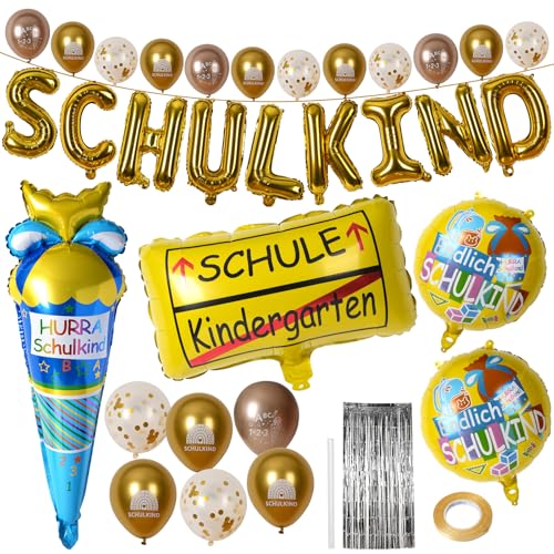 HSSPYY 33-teiliges Einschulung Deko Set – SCHULKIND Ballon Deko in Gold mit 12 bedruckten Latexballons (Gold & Champagner), Eis-Folienballon, Silber-Regenvorhang & mehr für Jungen & Mädchen von HSSPYY
