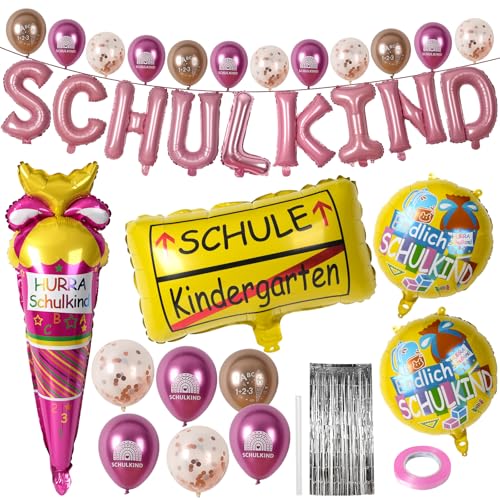 HSSPYY 33-tlg. Einschulung Deko Set Pink – Schulanfang Ballon Deko mit SCHULKIND Folienballons, 12 Latexballons (Champagner & Rosa), Eisballon, Regenvorhang & Zubehör für Mädchen & Jungen von HSSPYY
