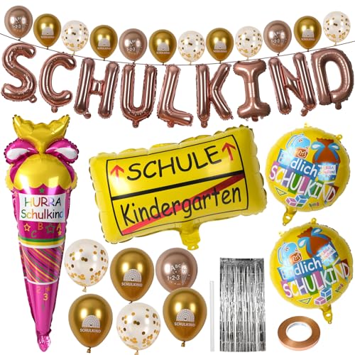 HSSPYY 33-tlg. Einschulung Deko Set Roségold – Schulanfang Party Deko mit SCHULKIND Ballons, 12 Latexballons (Champagner & Roségold), Eisballon, Regenvorhang & mehr für Mädchen & Jungen von HSSPYY