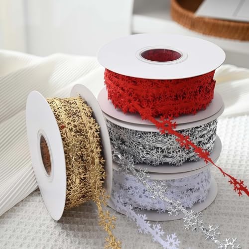 HSTWODE 1/4 Stück 2.2cm Weihnachten Schneeflocke Band Doppelseitige Schleifenband Geschenkband Weihnachtsbaum Dekoband für Geschenkverpackung Winterurlaub DIY Dekoration (4 Farben) von HSTWODE