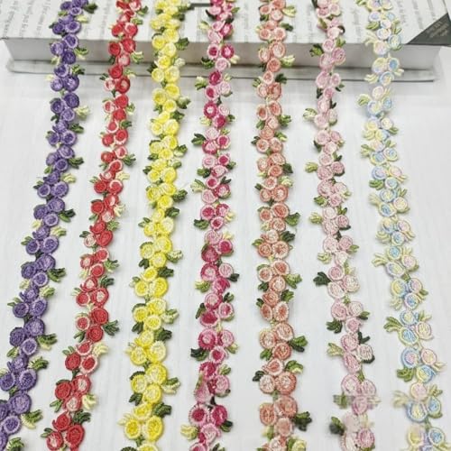 HSTWODE 1/7Stück 1cm ×15 Yards Rose Blumenbandbesatz 5 Farben Blumenspitzenbesatz Dekoration Gestickter Besatz Für Hochzeitsapplikationen Nähen Handwerk Polstervorhang Puppen (7 Farben) von HSTWODE