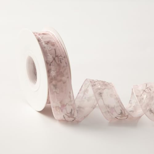 HSTWODE 1 Rolle Geschenkband Organza mit Blumenmuster, Rosa - 25mm x 9m - Traumhaftes Blumenband für Hochzeitsdekoration, DIY, Geschenkverpackung, Floristik Transparentes Organza (Pink 4) von HSTWODE
