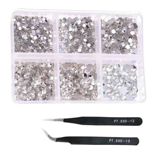 HSTWODE 1 Stück 1188Pcs Strasssteine für Nägel, gemischte 6 Größen 2-4.8mm Nail Art Strasssteine Flatback Edelsteine Runde mit Pinzette Stift für Schuhe, Kleidung, Taschen, DIY Herstellung (1#) von HSTWODE