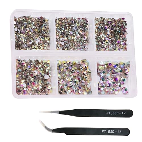 HSTWODE 1 Stück 1188Pcs Strasssteine für Nägel, gemischte 6 Größen 2-4.8mm Nail Art Strasssteine Flatback Edelsteine Runde mit Pinzette Stift für Schuhe, Kleidung, Taschen, DIY Herstellung (2#) von HSTWODE