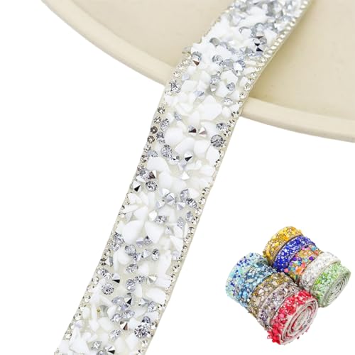 HSTWODE 1 Stück Funkelndes Strassband, 2cm × 2/6Yd Bling Crystal Strassband Kristall Strass Trim Diamantaufkleber Heißpress Heizband für DIY Handwerk, Hochzeitszubehör (6 Yards Weiß) von HSTWODE