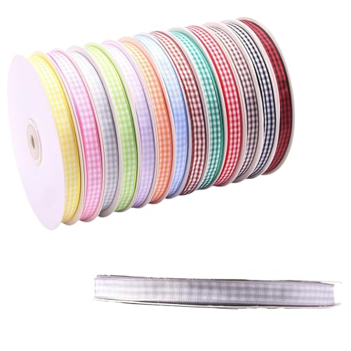 HSTWODE 1 Stück Gitterband 1 cm × 50 Yards (45 Meter), 13 Farben Dekoband zum Verzieren & Basteln, Kariertes Band für feierlichen Anlässen Bunte Dekos & Geschenkverpackungen (Grau) von HSTWODE
