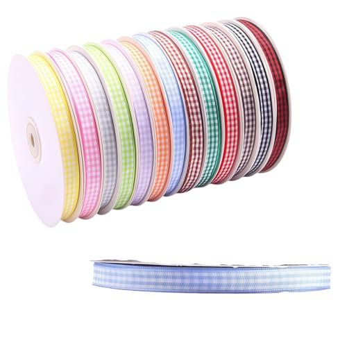 HSTWODE 1 Stück Gitterband 1 cm × 50 Yards (45 Meter), 13 Farben Dekoband zum Verzieren & Basteln, Kariertes Band für feierlichen Anlässen Bunte Dekos & Geschenkverpackungen (Himmelblau) von HSTWODE