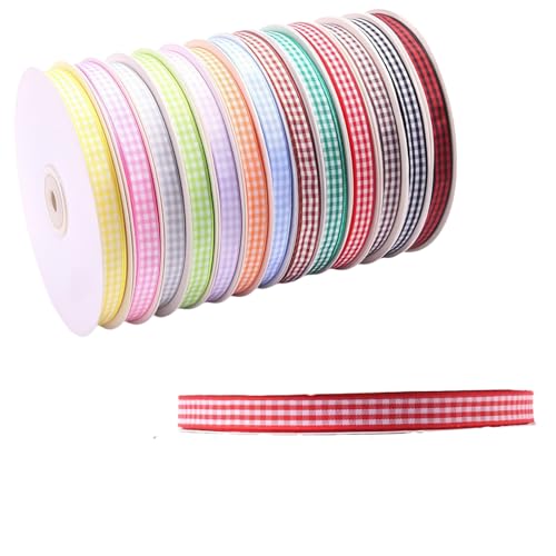 HSTWODE 1 Stück Gitterband 1 cm × 50 Yards (45 Meter), 13 Farben Dekoband zum Verzieren & Basteln, Kariertes Band für feierlichen Anlässen Bunte Dekos & Geschenkverpackungen (Rot) von HSTWODE