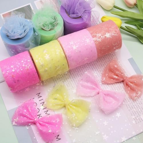 HSTWODE 1 Stück Glitter Tüllrolle 6 cm x 25 Yards 7 Farben Tüllband Star Pattern für Tutu Rock, Hochzeit, Weihnachten, party, Valentinstag, Dekorationen und DIY Handwerk Dekostoff (Hellblau) von HSTWODE