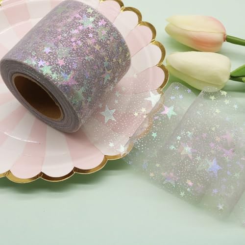 HSTWODE 1 Stück Glitter Tüllrolle 6 cm x 25 Yards Tüllband Star Pattern für Tutu Rock, Hochzeit, Weihnachten, party, Valentinstag, Dekorationen und DIY Handwerk Dekostoff (Grau) von HSTWODE