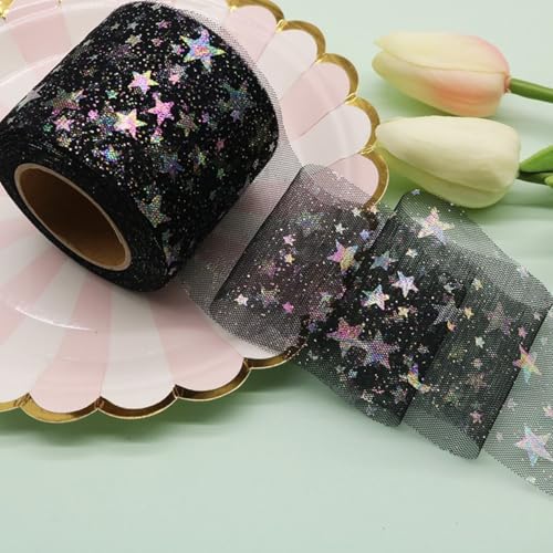 HSTWODE 1 Stück Glitter Tüllrolle 6 cm x 25 Yards Tüllband Star Pattern für Tutu Rock, Hochzeit, Weihnachten, party, Valentinstag, Dekorationen und DIY Handwerk Dekostoff (Schwarz) von HSTWODE