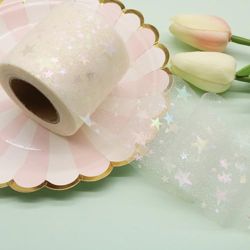 HSTWODE 1 Stück Glitter Tüllrolle 6 cm x 25 Yards Tüllband Star Pattern für Tutu Rock, Hochzeit, Weihnachten, party, Valentinstag, Dekorationen und DIY Handwerk Dekostoff (beige) von HSTWODE