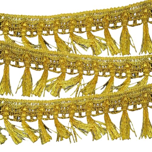 HSTWODE 1 Stück Gold/Silber Fransen Quastenband 55 mm Fransen Spitzenband Quaste Geflochtene Kantenbesatz Für DIY Nähen Basteln Kleidung Vorhang Tischdecke (Gold, 25 Yards) von HSTWODE