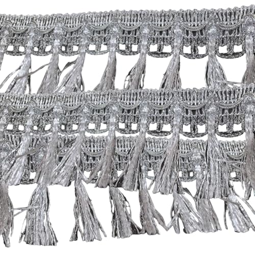 HSTWODE 1 Stück Gold/Silber Fransen Quastenband 55 mm Fransen Spitzenband Quaste Geflochtene Kantenbesatz Für DIY Nähen Basteln Kleidung Vorhang Tischdecke (Silber, 25 Yards) von HSTWODE