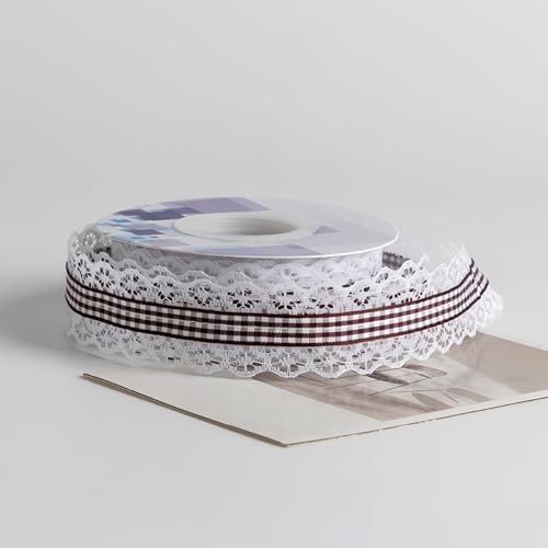 HSTWODE 1 Stück Lace Checkered Gift Ribbon, 12 Farben Dekoband zum Verzieren & Basteln, 3 cm × 10 Yards (9 Meter), Kariertes Band für Bunte Dekos & Geschenkverpackungen (Braun) von HSTWODE